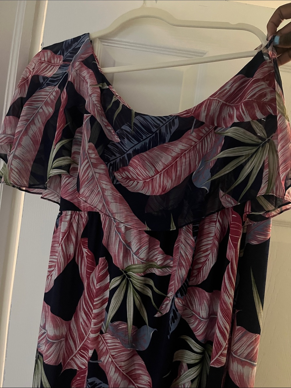 Emerald Navy Off-Shoulder Tunic with Pink Leaf Print